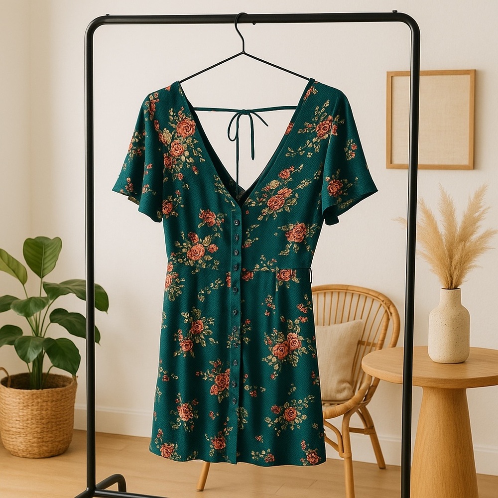 Hot kiss Lush Teal Floral Wrap Romper Sz large criss cross neckline - Picture 7 of 7
